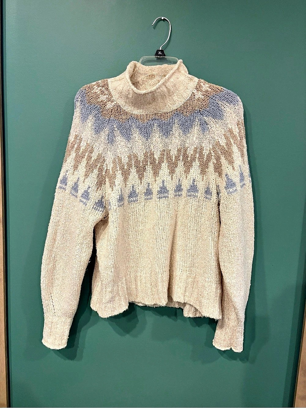 American Eagle AE Fair Isle Mock Neck Sweater Cream & Blue
